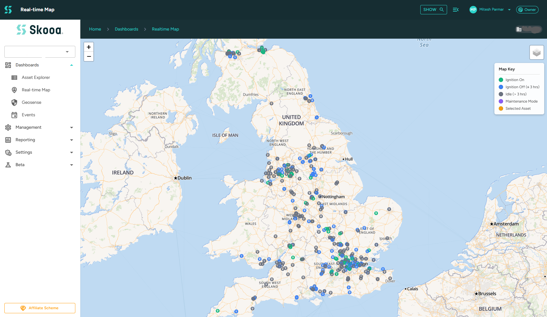 Skooa fleet management software dashboard showing vehicle overview, driver assignments, and fleet status