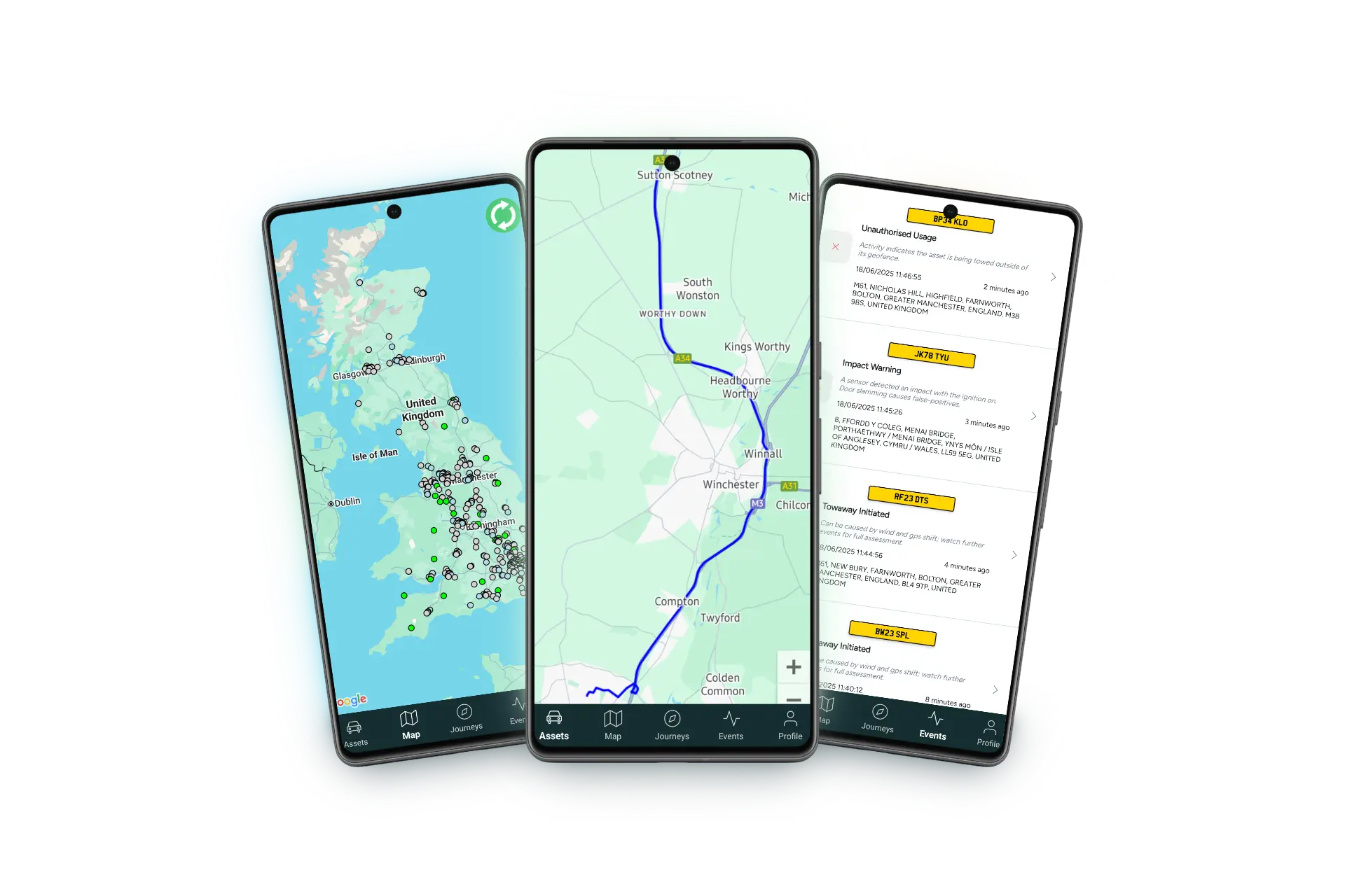 Skooa real-time fleet map showing vehicle positions across the UK on mobile devices