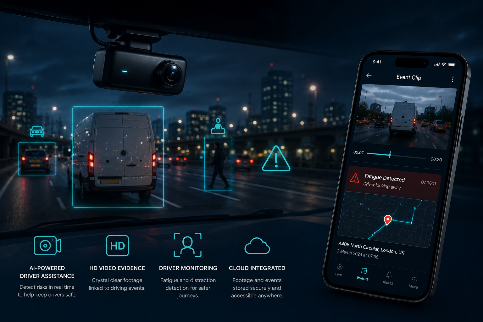 Skooa video telematics dashboard showing AI-powered dashcam integration and event footage