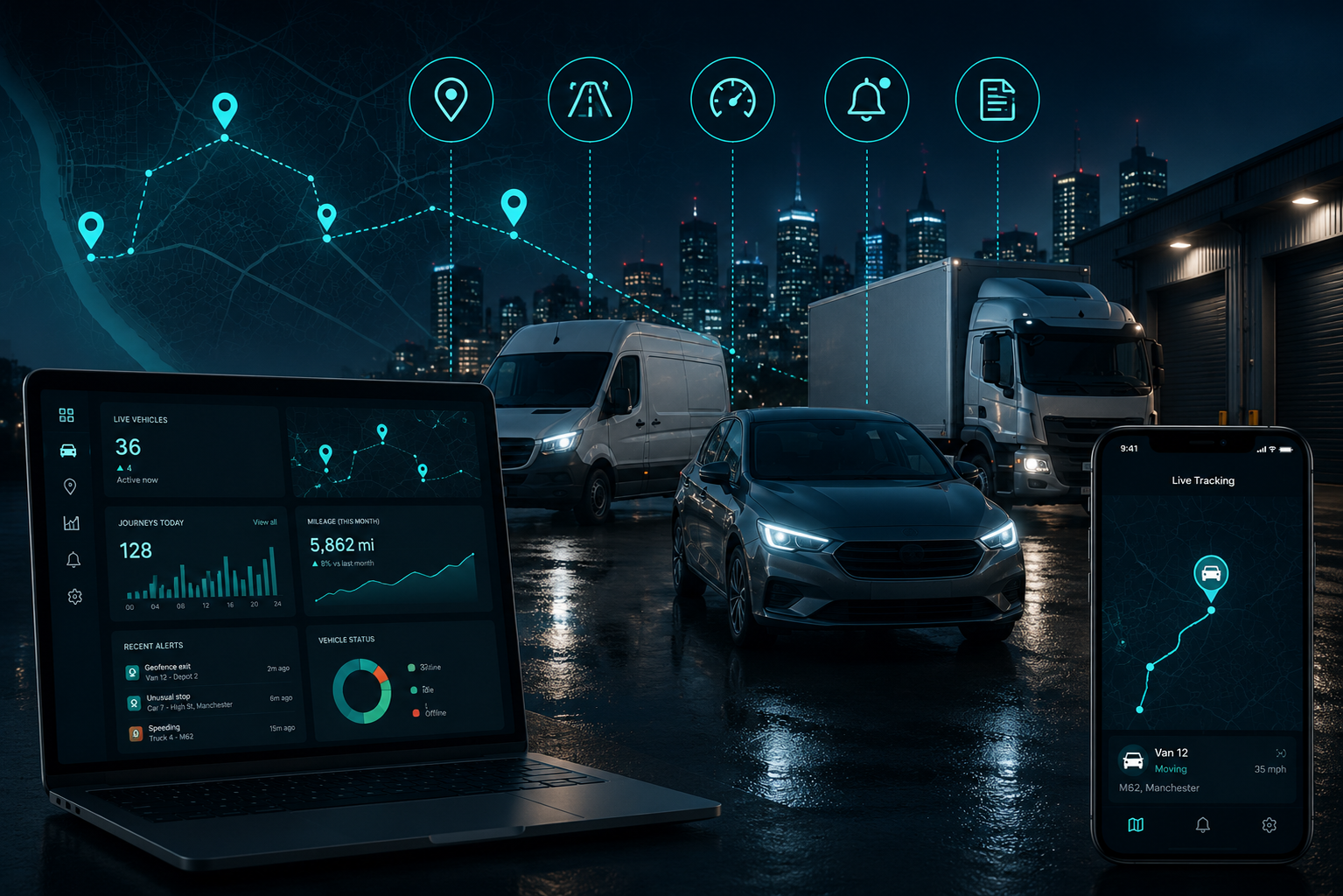 Skooa business vehicle tracking showing company vehicles on a live map