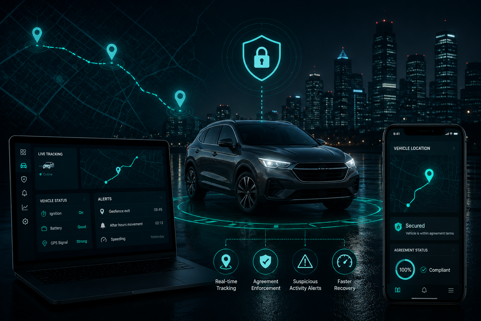 Skooa vehicle tracking dashboard showing financed asset details and location