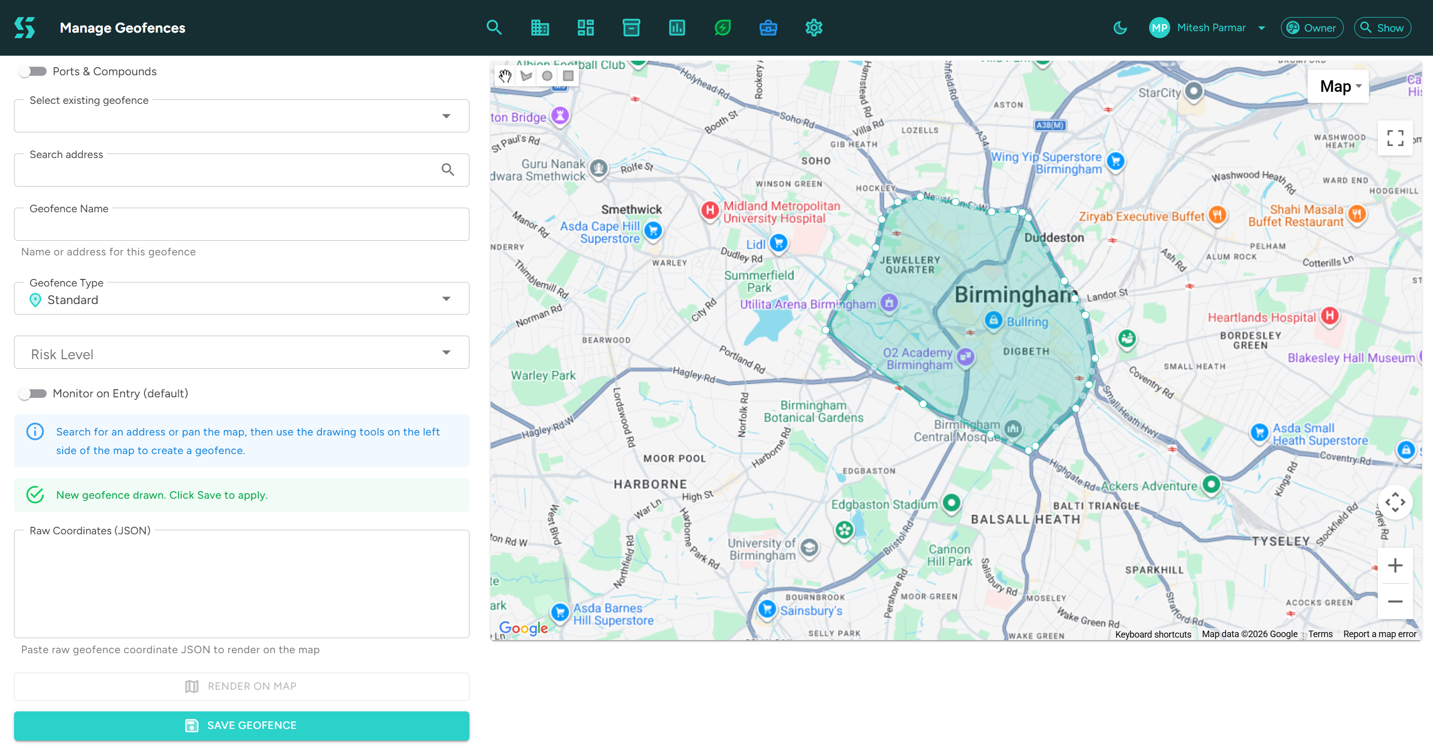 Skooa geofence creation tool showing custom zone drawing on the live fleet map