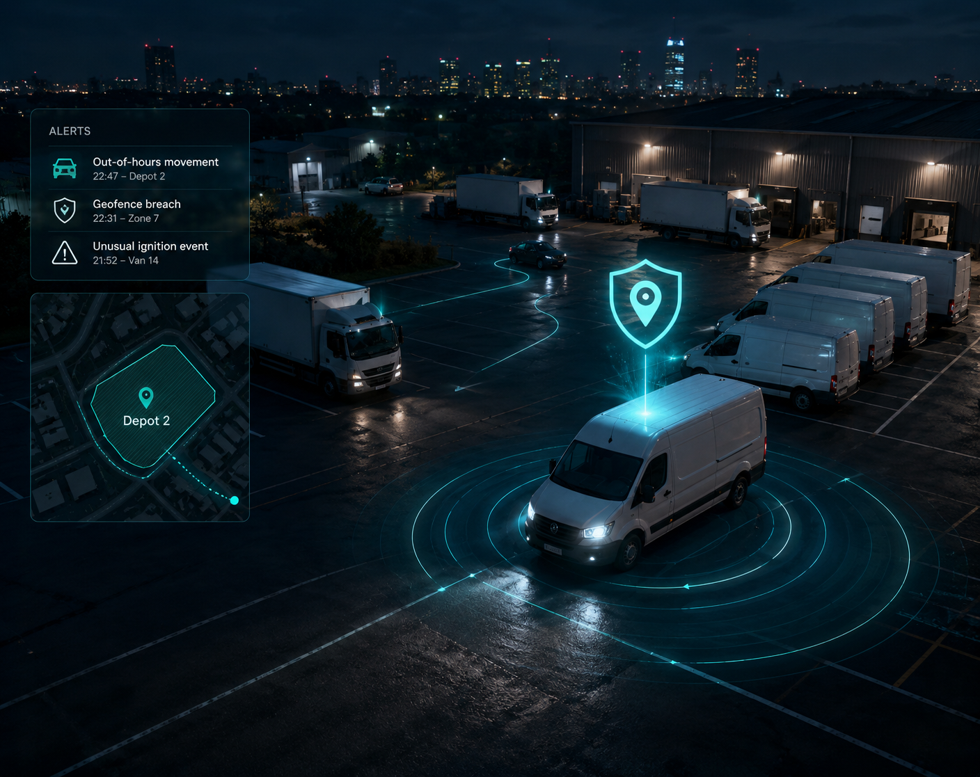 Skooa geofence alert notifications showing entry and exit events for fleet vehicles