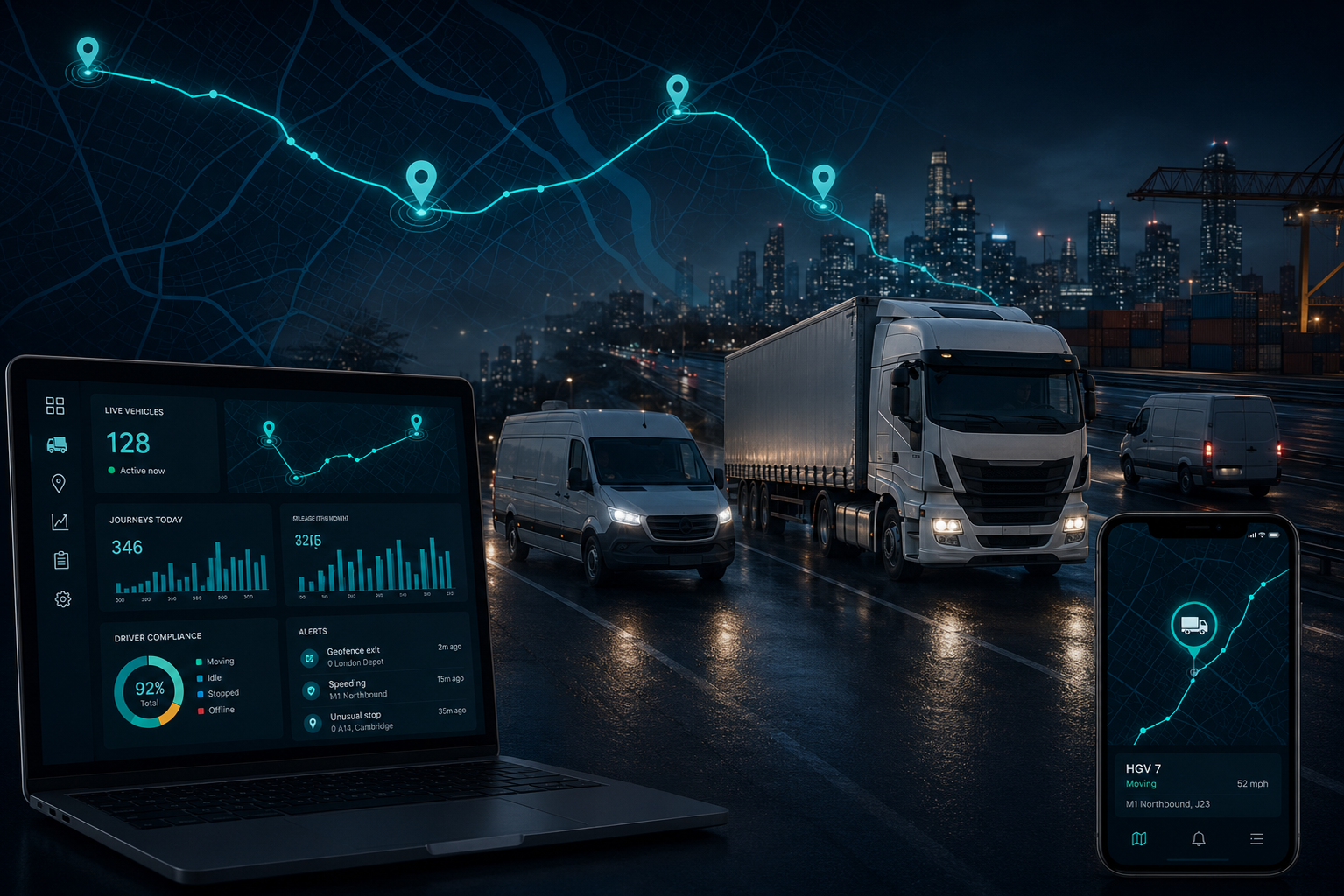 Skooa logistics fleet tracking showing journey summaries and route analysis