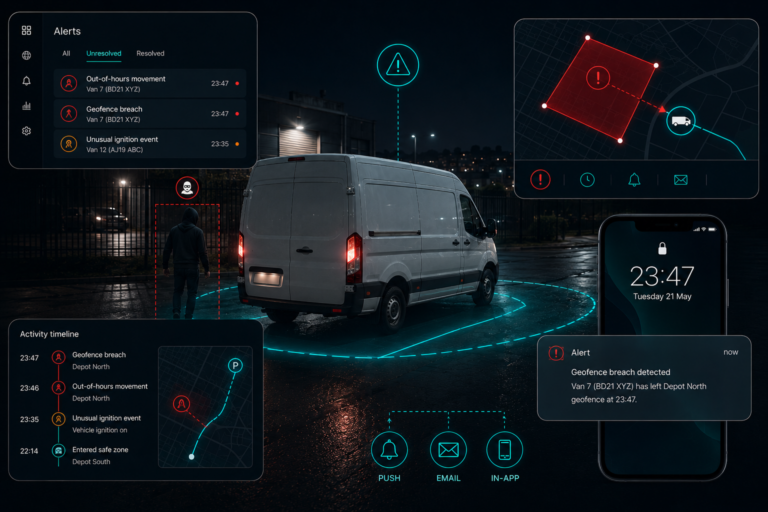 Skooa theft detection showing real-time vehicle monitoring with behaviour-based alerts